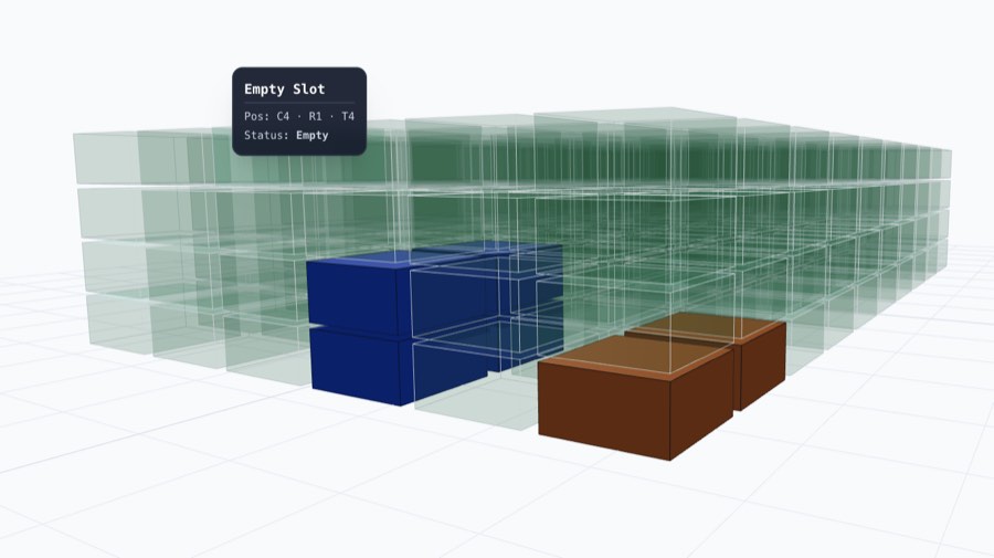 Interactive 3D yard view with containers as solid boxes and empty slots as translucent outlines